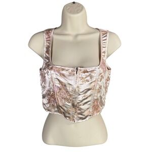 PrettyLittleThing Pink Satin Floral Print Zip Front Corset Top Size‎ 4 Coquette
